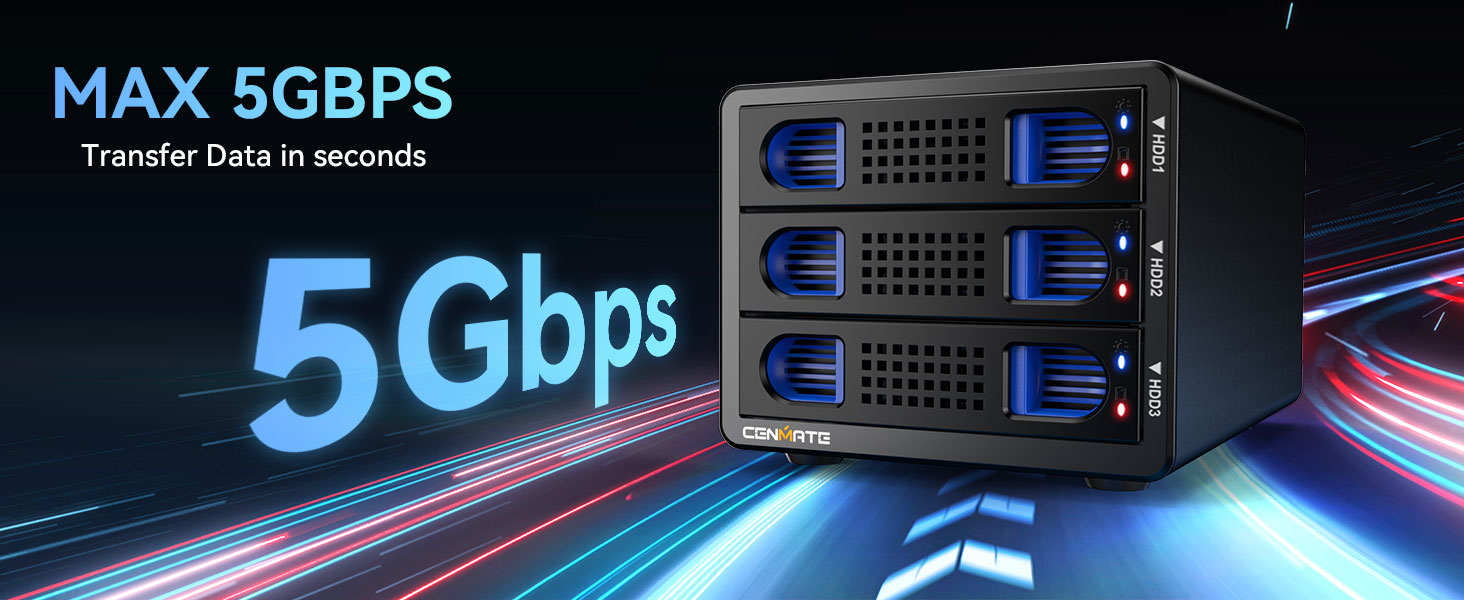 Корпус для жорстких дисків CENMATE з трьома відсіками для 2.5'/3.5' SATA HDD/SSD з USB 3.0, без інструментів, Daisy Chain, DAS (не RAID/NAS)