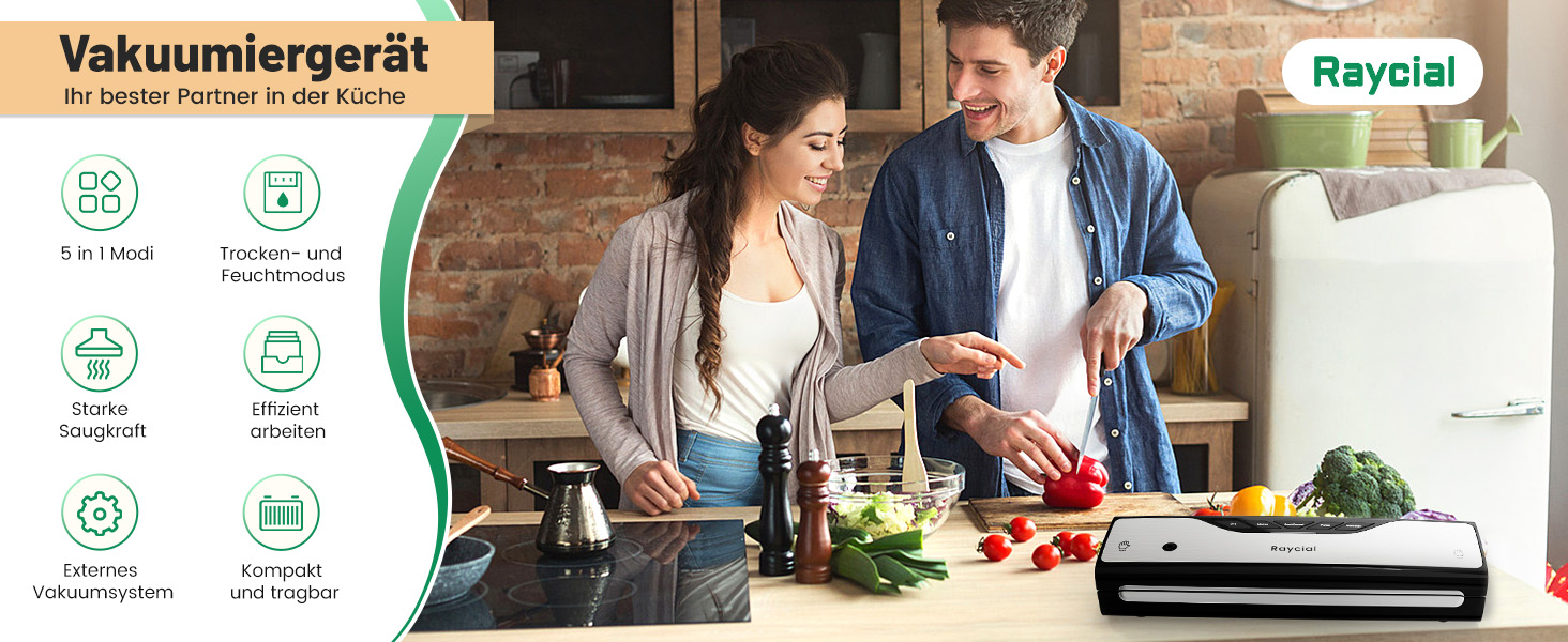 Вакуумний пакувальник Raycial 5-в-1: для сухої/вологої їжі, консервів, з набором пакетів та ріжучим ножем, чорний