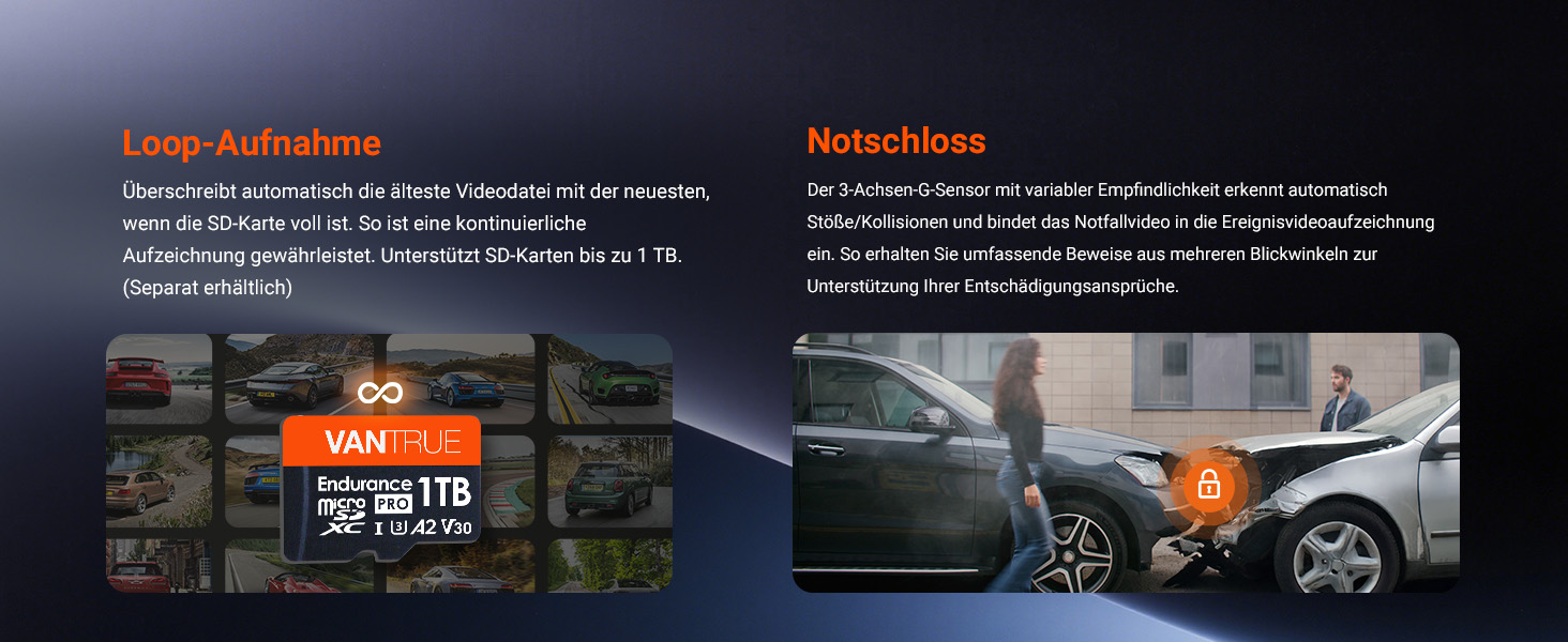 Автомобільний відеореєстратор VANTRUE N4S 3-канальний (2.7K+2.5K+1440P), STARVIS 2 HDR, нічна зйомка, 5GHz Wi-Fi, GPS, 24г паркування, G-сенсор, підтримка 1ТБ, для авто