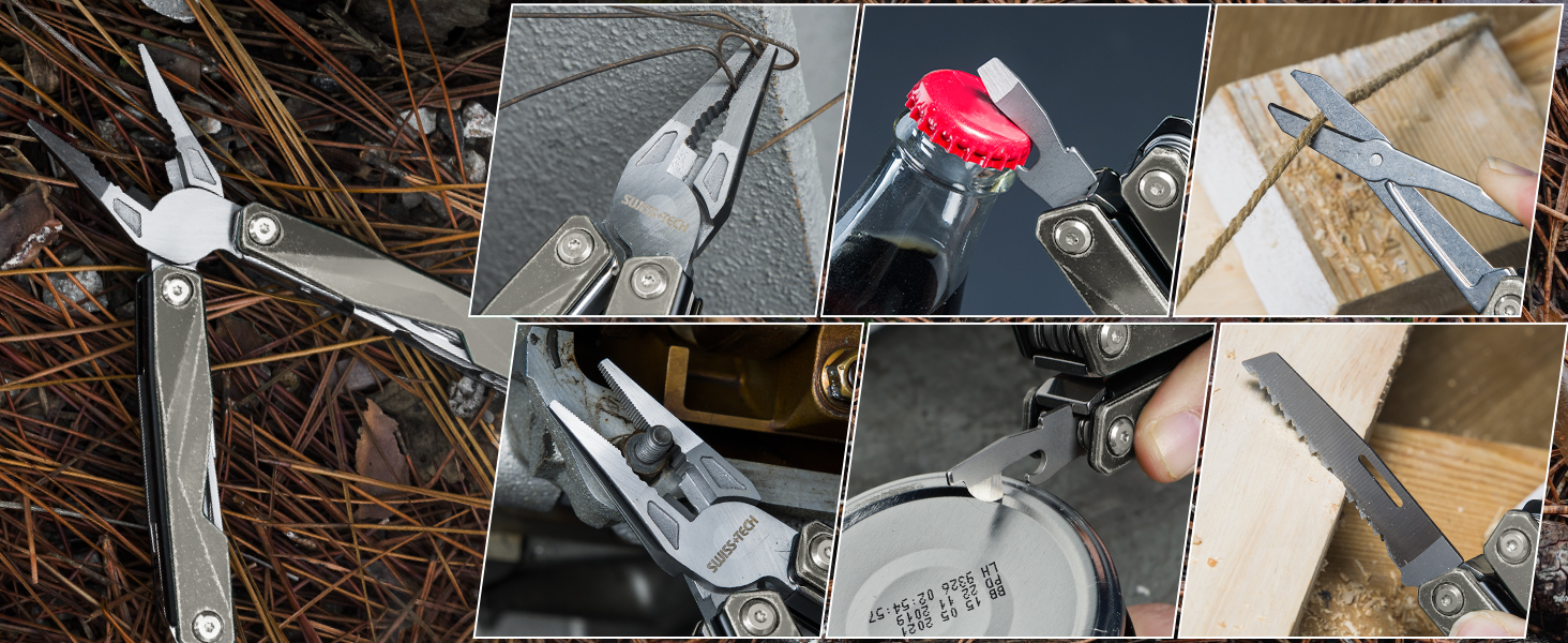 Мультитул Swiss+Tech 16-в-1: мультиінструмент з нержавіючої сталі з ножем, пилкою, ножицями, відкривачкою для пляшок, для кемпінгу, відпочинку на природі, ремонту, з чохлом, вінтажний зелений (ретро-сірий)