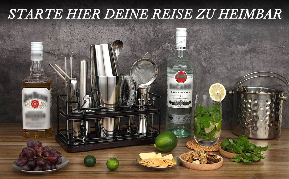 Набір для коктейлів Boston Cocktail Shaker Set 825 мл з підставкою, нержавіюча сталь, професійний барний аксесуар, набір бармена з рецептами, ідеальний подарунок (сріблястий)