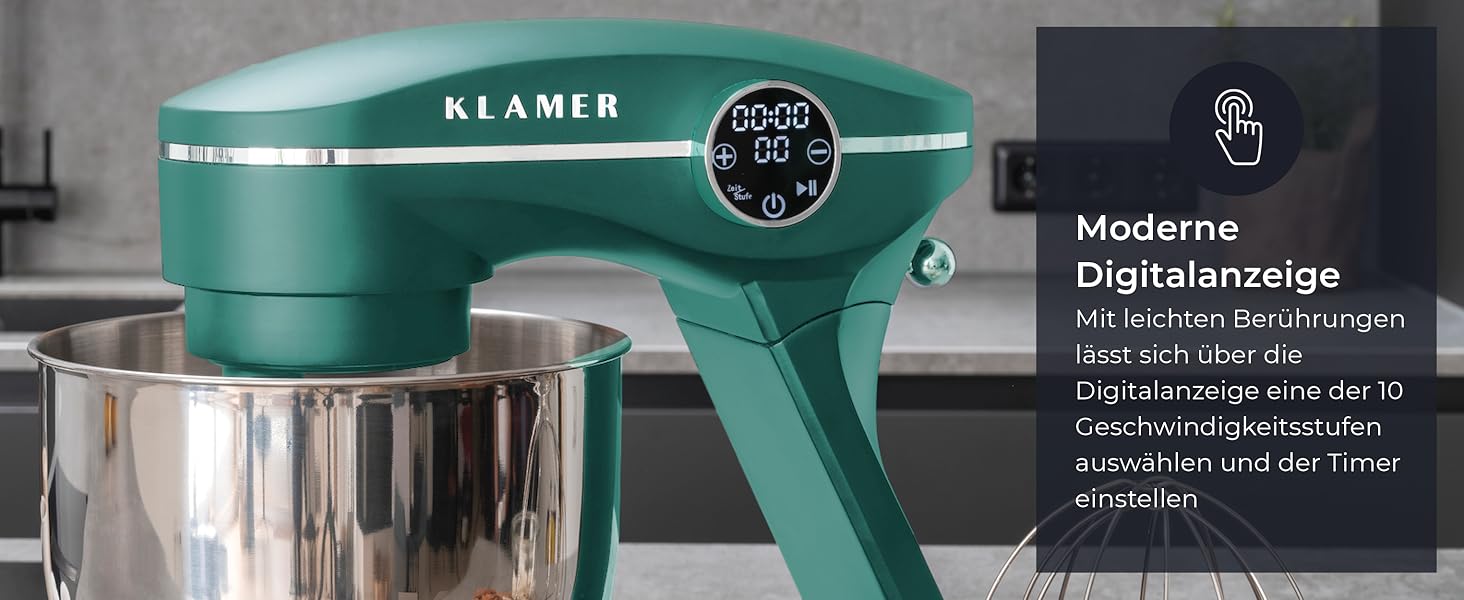 KLAMER 1800W Stand Mixer - Stainless Steel Bowl 6L, 10 Speed with Timer, Planet Mixing Action, Dough Hook, Whisk & Beater - Turquoise