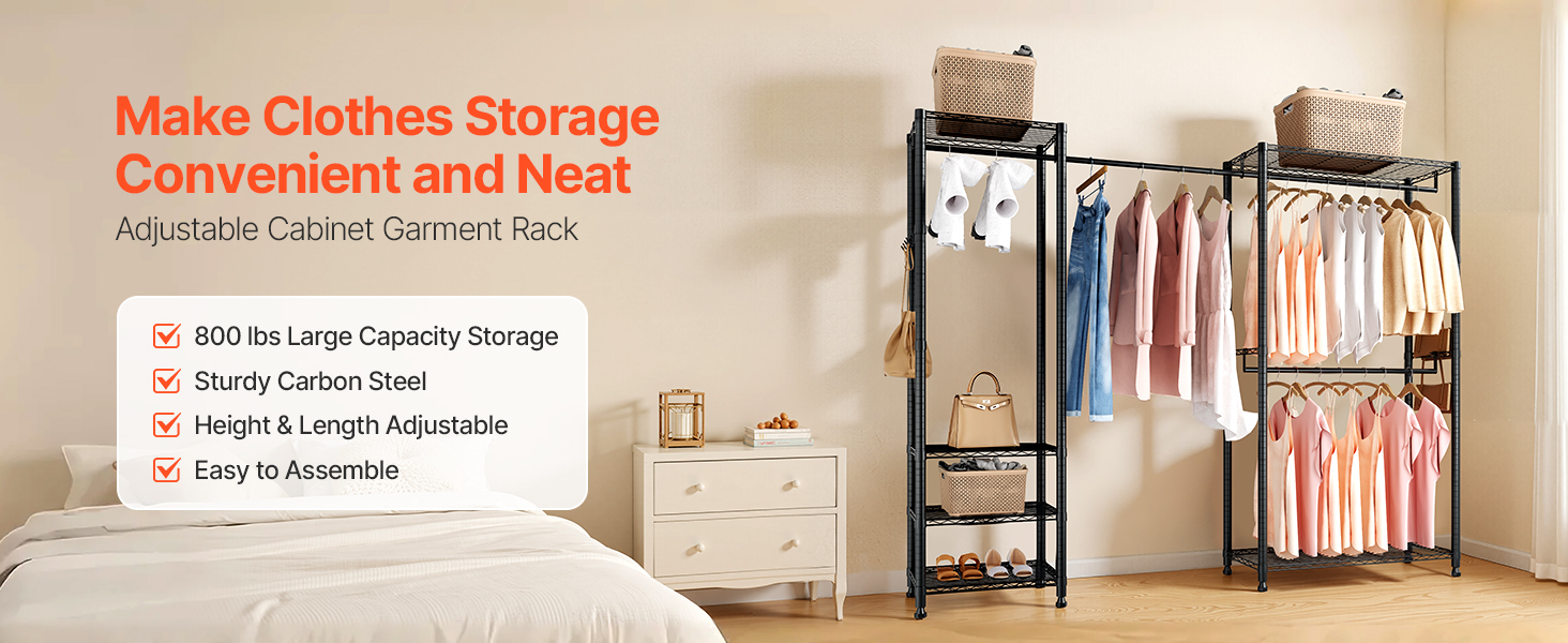 Вешалка для одягу VEVOR з 4 перекладинами, 8 гачками та 6 полицями, 385,5 кг вантажопідйомність, відкрита шафа для одягу