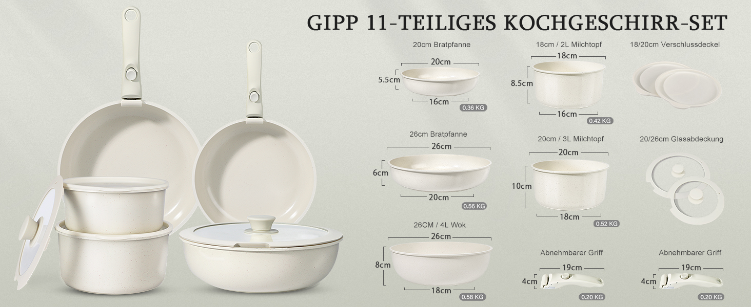 GiPP 11-Piece Ceramic Cookware Set with Removable Handle - Nonstick Pots and Pans Set for All Cooktops, Oven-Safe, PTFE/PFOA-Free, White