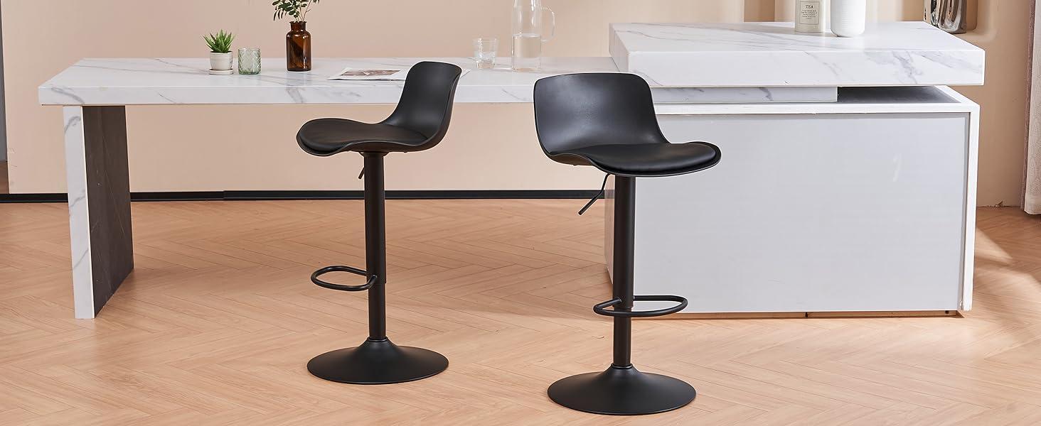 YOUNIKE Adjustable Bar Stools Set of 2 - Black Faux Leather Kitchen Bar Chairs with Backrest & Swivel - High Counter Stools for Kitchen Bar