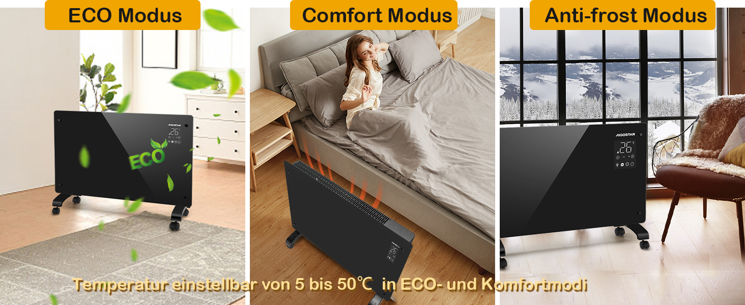 Електричний конвектор Aigostar з термостатом та Wi-Fi, 2000W, для приміщень до 30 м², чорний