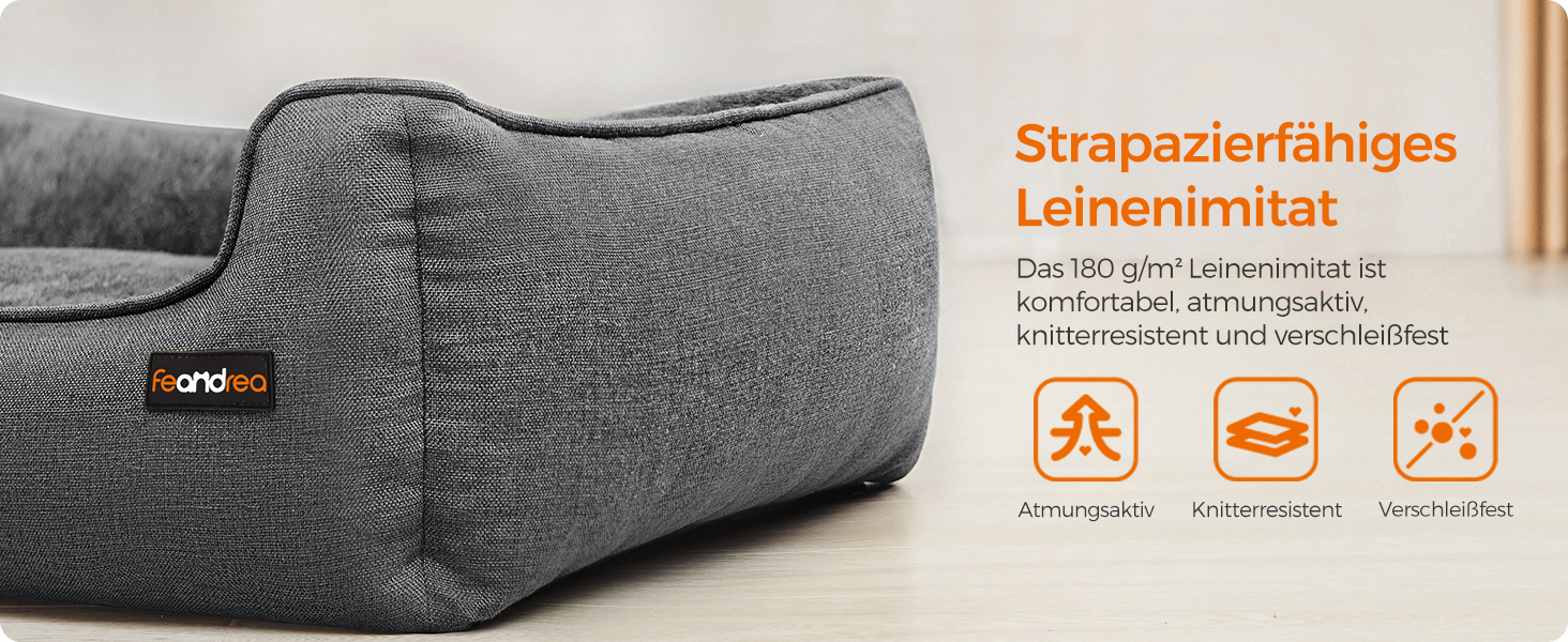 Ліжко для собак Feandrea, м'який лежак для собак з льоновим покриттям, кошик для собак, підняті бортики, неслизьке дно, знімний та пральний чохол, M, для маленьких собак, 70 x 55 x 21 см, світло-сірий