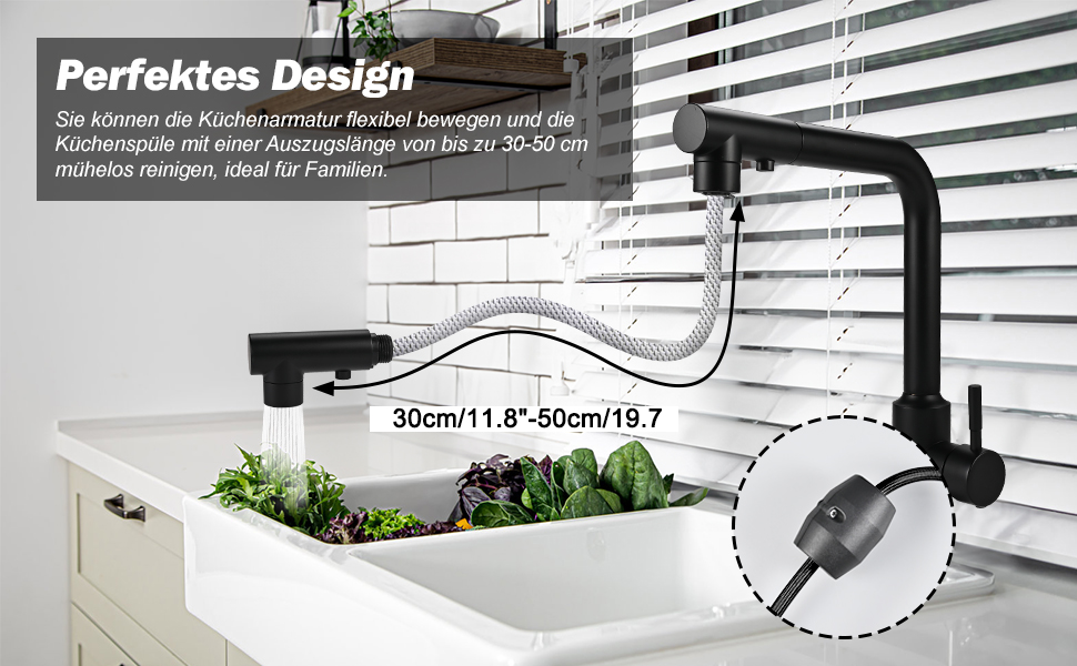 Кран кухонний висувний Cieex, 360° поворот, 4 режими, з душем, нержавіюча сталь, чорний