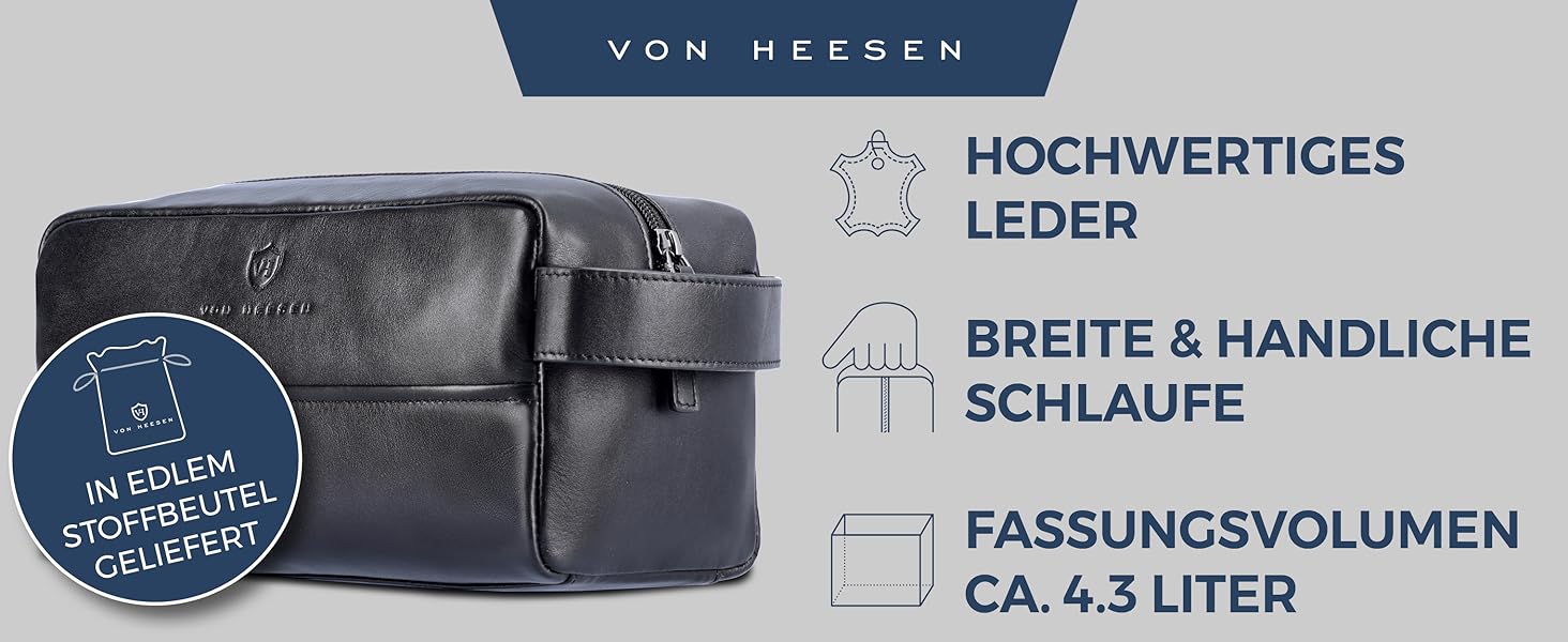 Чоловіча/Жіноча дорожня косметичка VON HEESEN з натуральної шкіри - велика, чорна, з одним відділенням