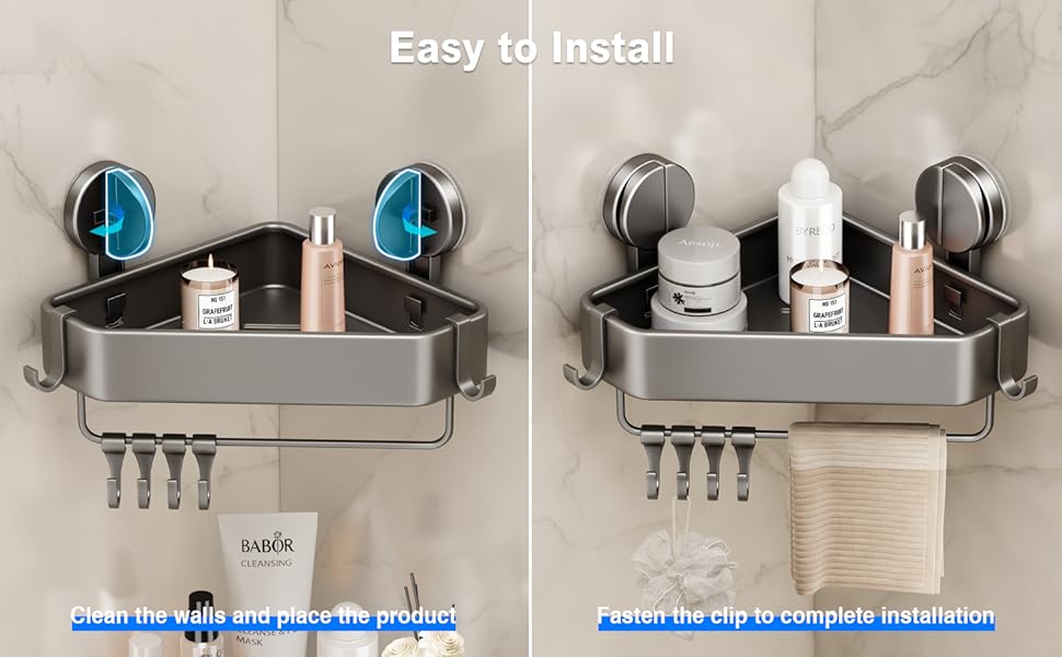 Поличка для душу без свердління, кутова поличка для ванної кімнати з присосками, корзина для душу з тримачем для рушників та знімними гачками (2 шт., сіра)