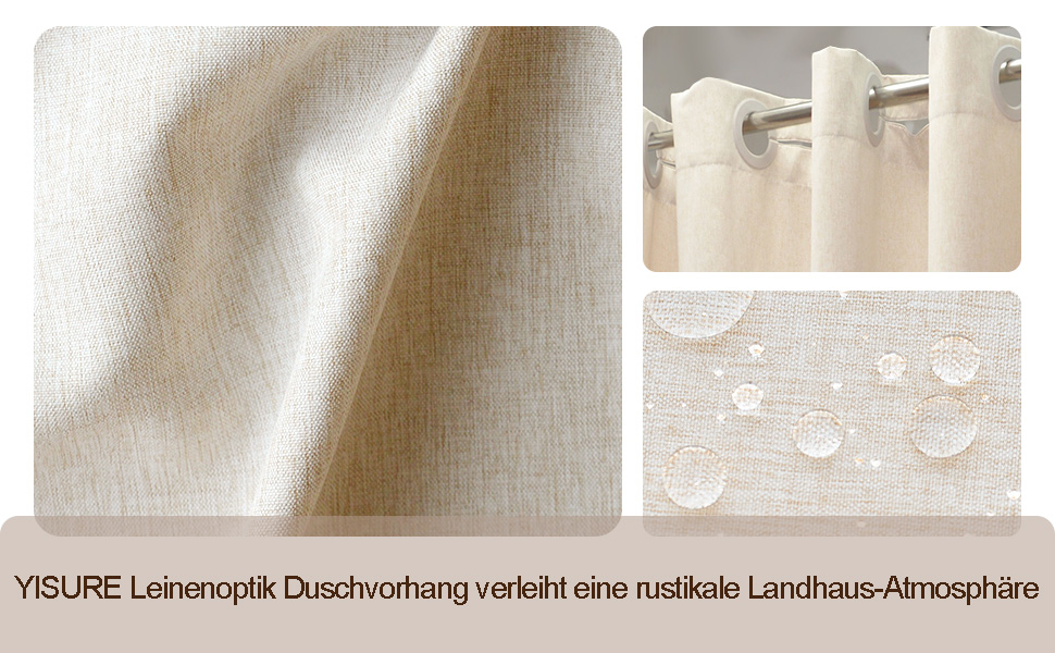 Штора для душу YISURE бежева льоноподібна, 120x200 см, водонепроникна, текстильна, машинне прання