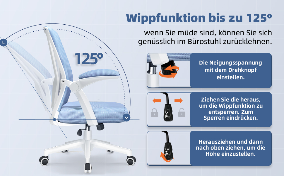 Ергономічне крісло для офісу з регульованою поперековою підтримкою, відкидними підлокітниками, поворотним механізмом та регулюванням висоти, блакитне