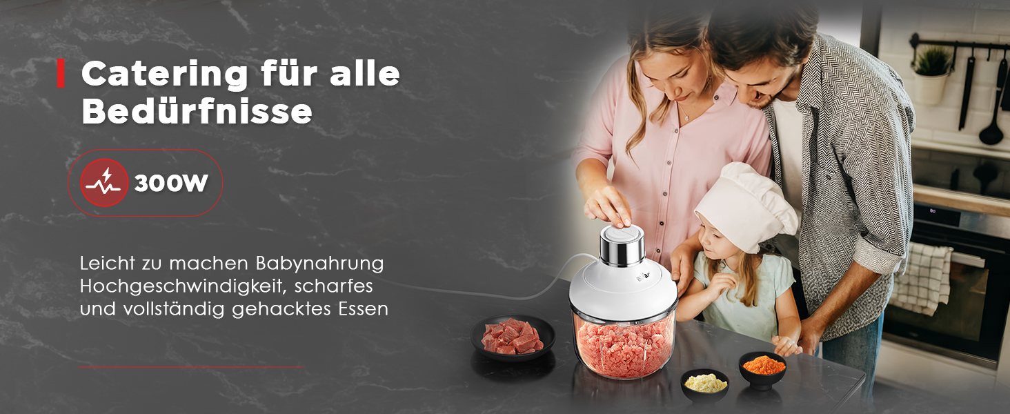 Електричний міні-чопер Bear 0.6L+2L: подрібнювач/м'ясорубка з 4-ма лезами з нержавіючої сталі, скляний контейнер для м'яса, дитячого харчування, фруктів та овочів