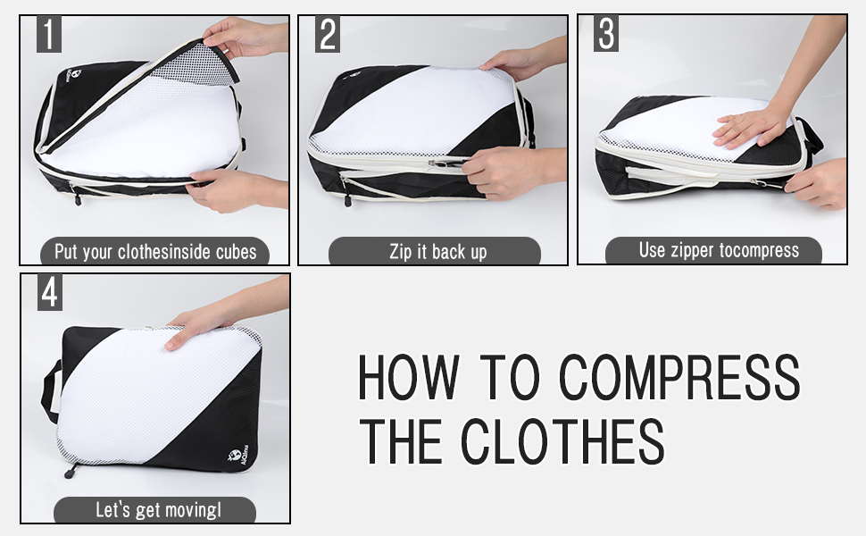 Органайзери для валіз AiQInu, 5 шт. - Набір для пакування з компресійними мішками, мішок для білизни та для взуття. Легкі, розширювані, для ручної поклажі (Чорний)