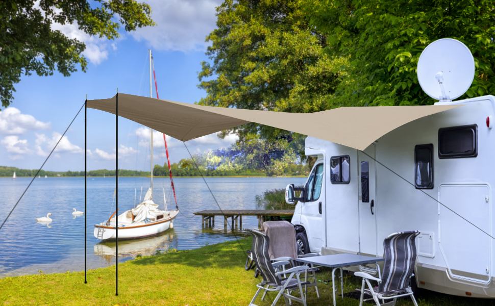 Водонепроникна тентова накидка Tarp 3.7 x 4.3 м з опорами, кільцями, шнуром, для кемпінгу, відпочинку на природі, захисту від сонця та дощу (Хакі)