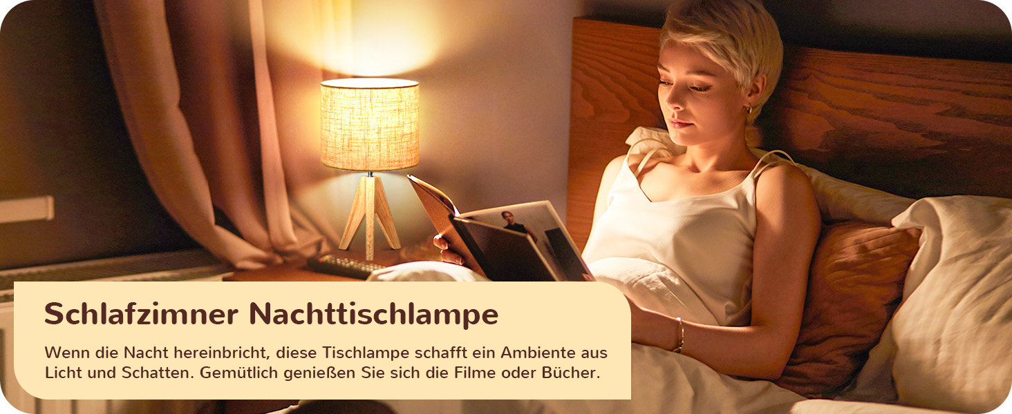 Настільна лампа EDISHINE, 2 шт. у наборі, дерев'яна, з абажуром кольору бежевого льону, цоколь E27, з лампочкою, вінтажний стиль, для спальні, вітальні, подарунок