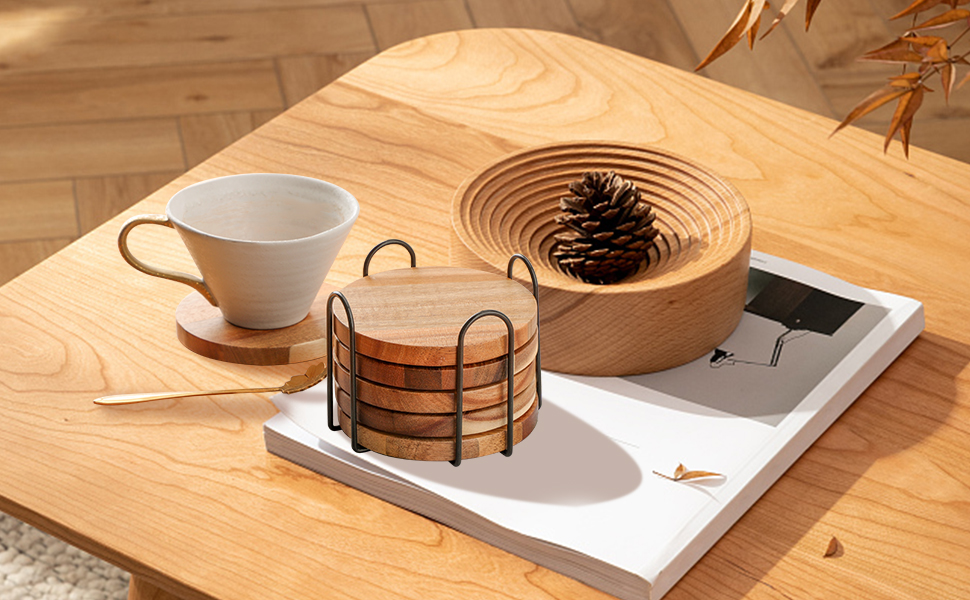Acacia Wood Coasters Set of 6 with Bottle Opener, Wooden Coasters for Drinks with Holder, Table Protector for Home and Office Decor