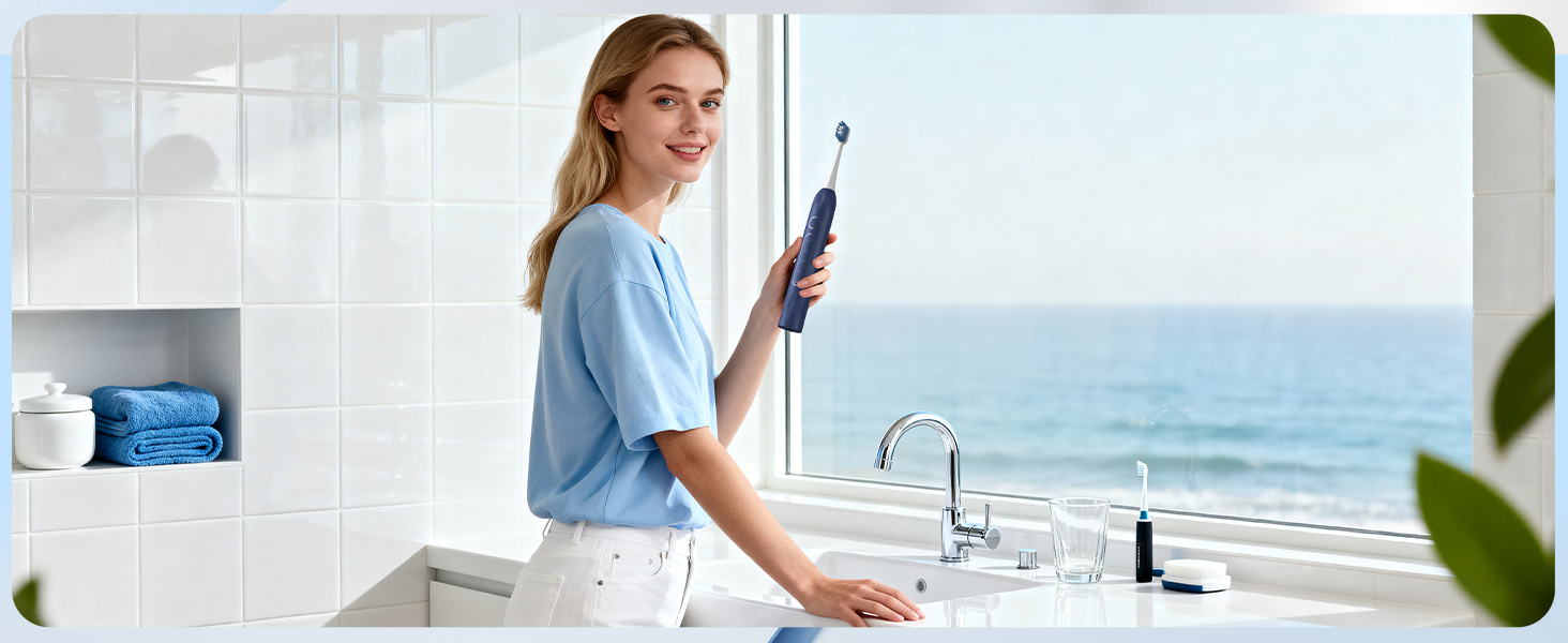 Електрична зубна щітка зі звуковою технологією, 5 режимів, таймер 30s, відбілює зуби за 2 тижні, 8 змінних насадок, IPX7, блакитна