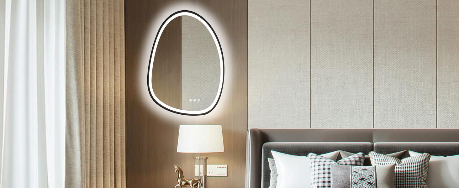 Дзеркало з підсвіткою, асиметричне LED, 75x55 см, з сенсорним вимикачем, антизапар, 3 кольори світла, регулювання яскравості, функція пам'яті, чорний (горизонтальне/вертикальне)