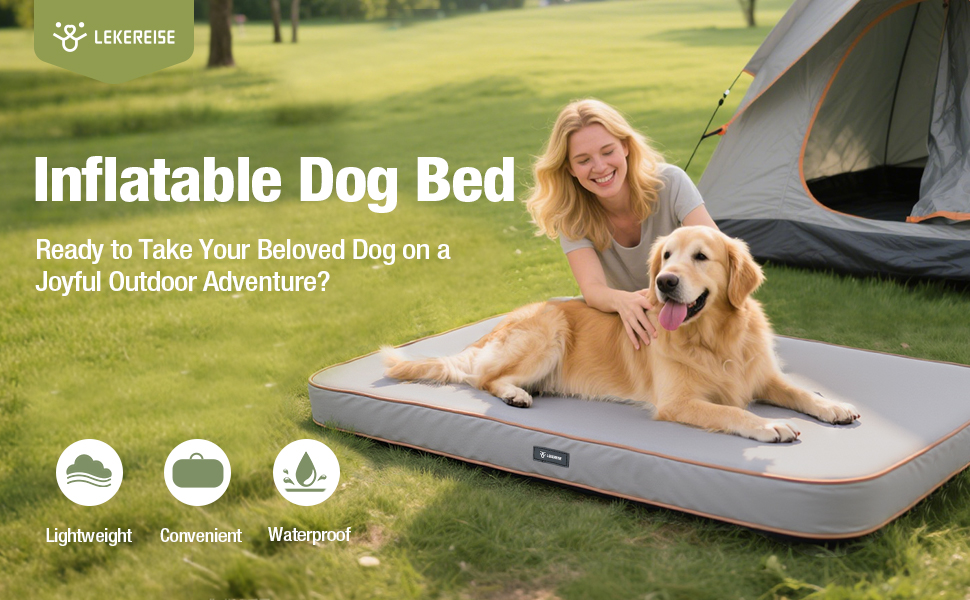 Надувне лежак для собак Lekereise Outdoor, 126x66x12 см, сірий, для собак середніх та маленьких порід, знімний та пральний чохол, для відпочинку в подорожах та на вулиці