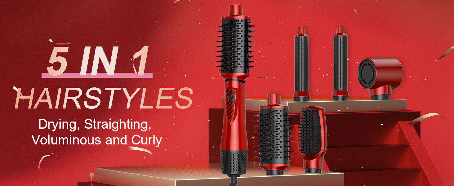 Фен-щітка 5 в 1 для волосся: стайлер, плойка, об'єм, для жінок, з Європокою (червоно-чорний)