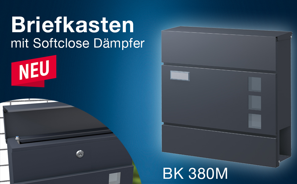 Поштова скринька BASI з м'яким закриттям, оглядовим вікном та табличкою для імені, DIN A4, з 2 ключами, вбудованим відділенням для газет, антрацит, настінна (H37x37x10.4 см)