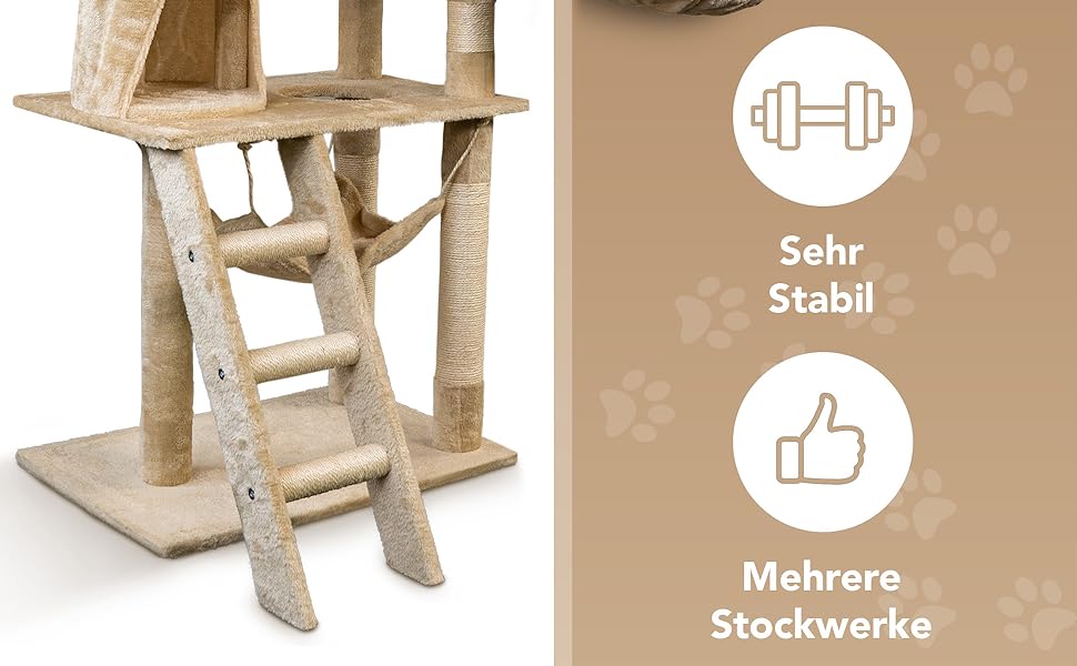 Кігтеточка для котів Foxdevil від xonic® - багатофункціональна кігтеточка з оглядовою платформою, гамаком, затишною печерею, іграшковою шнуркою, сходами – 141 см – (Бежевий V1)