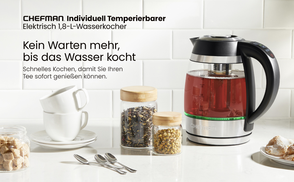 Електричний чайник Chefman 1.8L з нержавіючої сталі, автоматичне вимкнення, захист від перегріву, скло Borosilikat, функція підігріву