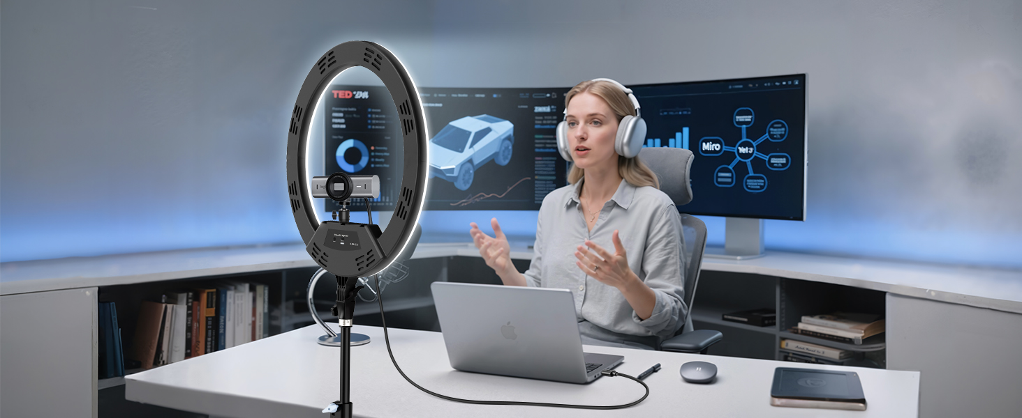 Кільцеве світло 22 дюйма з штативом 175 см, LED дисплей, 2 USB порти, регульована яскравість, для фото та відео, TikTok, макіяж, тату, б'юті-блогер, стиліст, барбер, фотограф, чорний