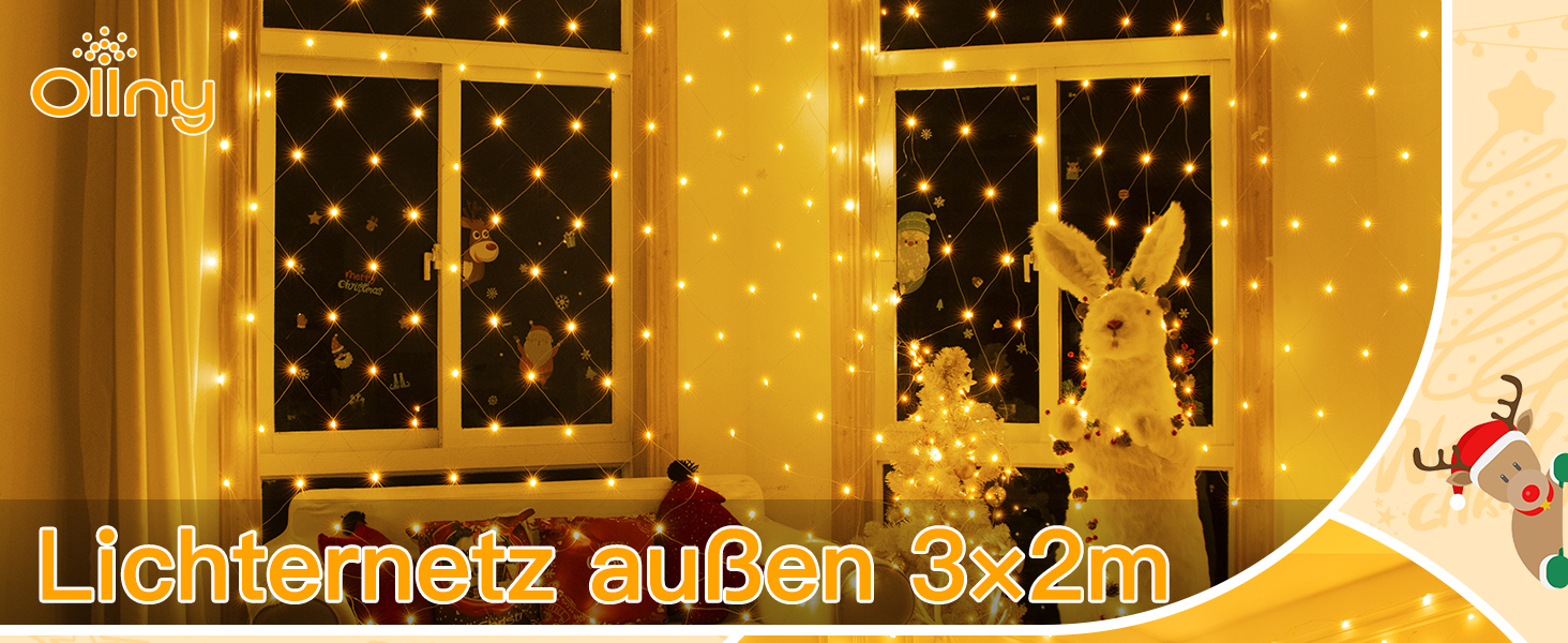 Льод-гірлянда сітчаста на 200 LED, 3x2м, тепле біле світло, з пультом, таймером, вологостійка. Підходить для декорування садів, кімнат, балконів.