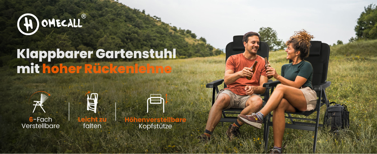 Крісло для кемпінгу Homecall складне, 150 кг, для саду, балкону, риболовлі, чорне, з регульованою спинкою та підлокітниками