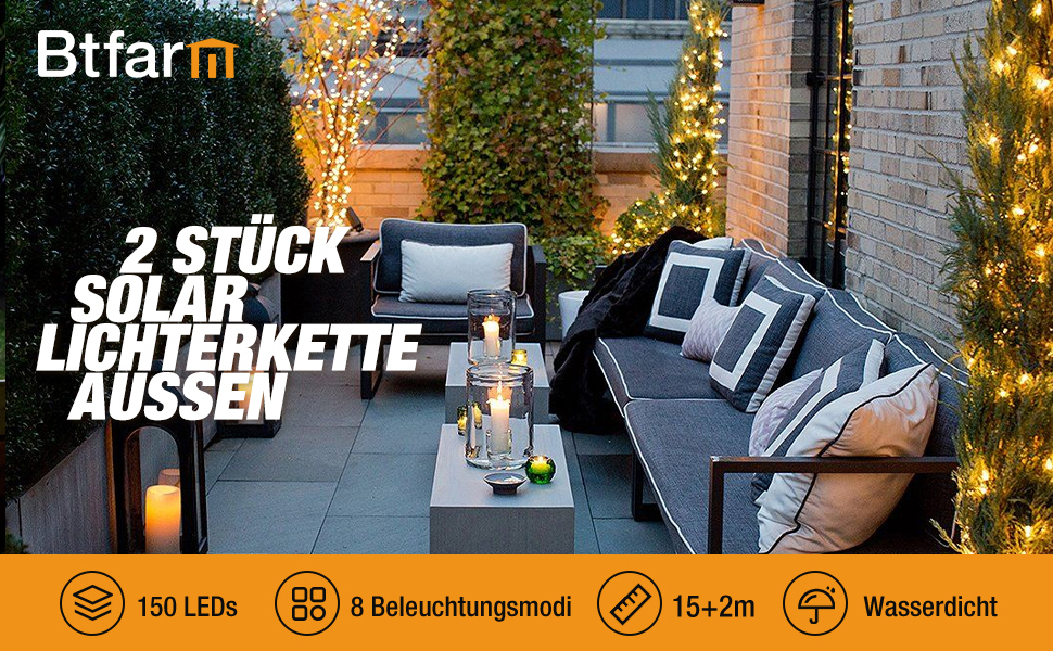 Сонячна гірлянда для декору саду та тераси BTfarm, 2 шт. по 15 метрів, 150 LED, IP65, теплий білий