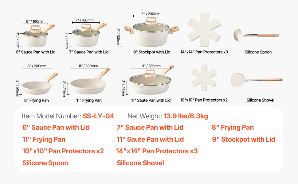 Набір посуду VEVOR 17 предметів з нержавіючої сталі з антипригарним покриттям, індукційні каструлі та сковорідки з кришками, для кухні, кемпінгу та приготування їжі (білий)