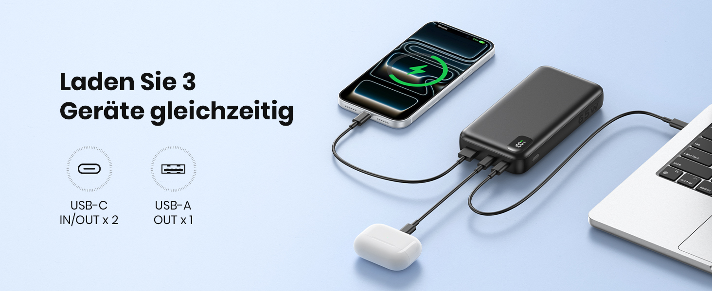 Power Bank A ADDTOP 20000mAh 65W: зарядний пристрій для ноутбука, iPhone, iPad. 2 USB-C, 1 USB-A. Чорний