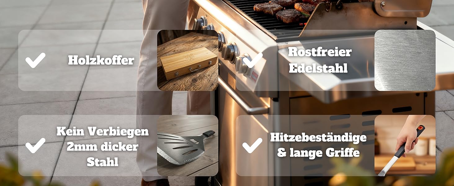 Набір для гриля для чоловіків - подарунок. Набір інструментів для гриля з нержавіючої сталі 3-в-1: шпатель, щітка для чищення. Ідеальний подарунок для гриля, подарунки для чоловіків (без гриль-кейсу). З дерев'яним кейсом