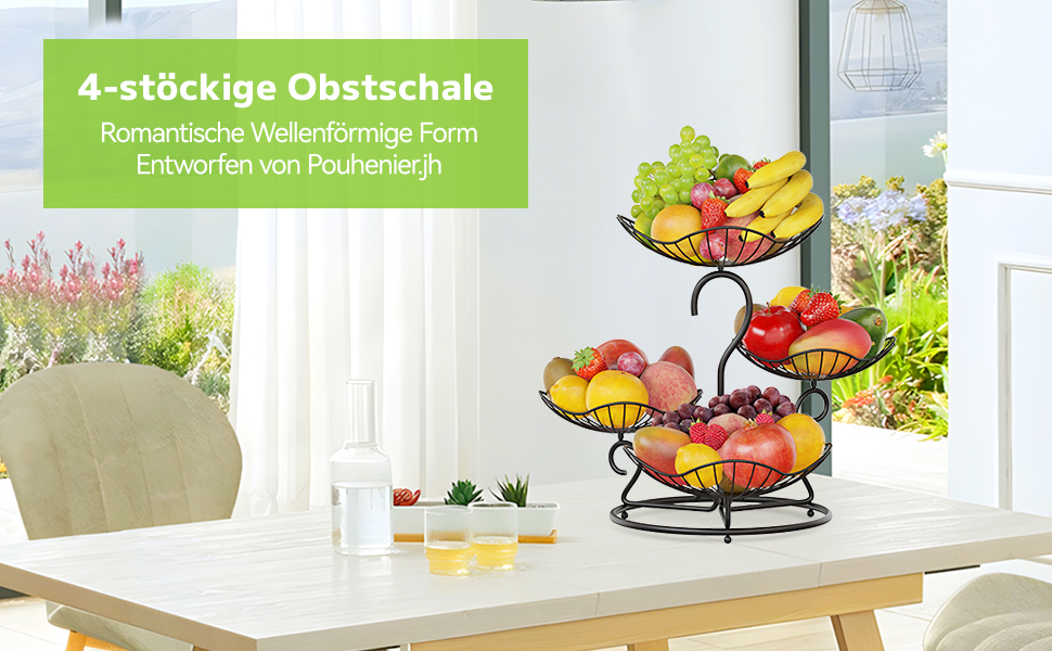 PouHenier 5-ярусна металева фруктова корзина для зберігання фруктів та овочів, чорного кольору з підставкою для бананів