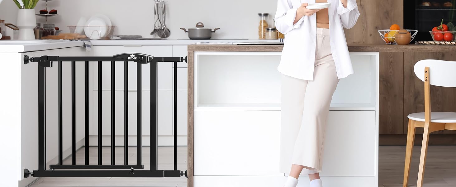 Захист для сходів KIDIZ без свердління | Ширина регулюється: 74-80 см, висота 75 см | Захист для дітей та собак, двостороннє відкривання однією рукою, система Open-Stop 90°, (Чорний, 102 - 108 см)