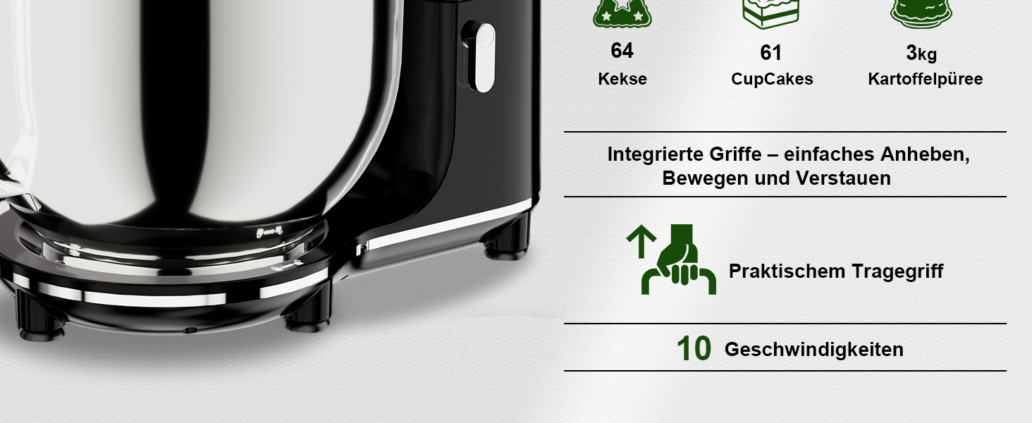 Кухонний комбайн-міксер Camic 2000W, чаша зі сталі 7л, 10 швидкостей, з набором насадок (гак, вінчик) та захистом від бризок, чорний