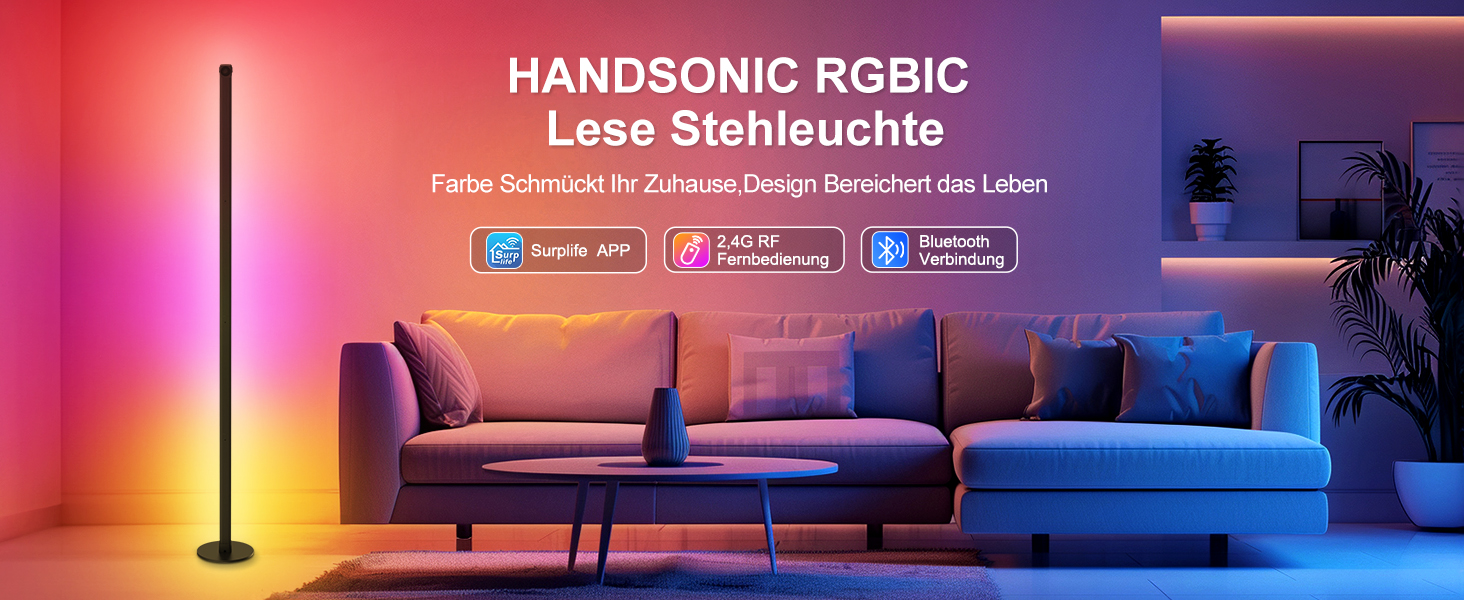 LED-лампа на підставці HANDSONIC RGBIC, 140 см, чорна, для вітальні, з регулюванням яскравості, 16 мільйонів кольорів, керування через додаток, кут освітлення 180°, ідеально для геймінгу