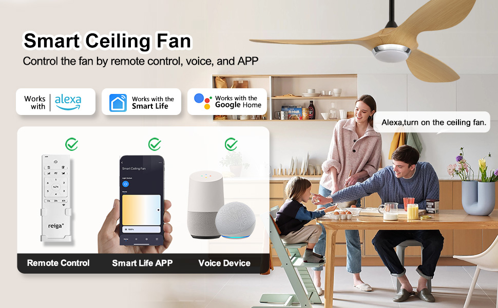 Стеляний вентилятор Reiga з підсвіткою та пультом керування, діаметр 132 см, тихий реверсивний мотор, 6 швидкостей, таймер, регульована яскравість та 3 колірні температури, коричневі лопаті