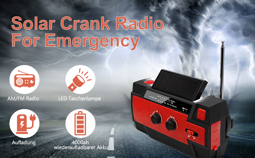 Сонячне радіо YIKANWEN: AM/FM, USB, ручне заряджання, 4000mAh, для кемпінгу та подорожей (червоне)