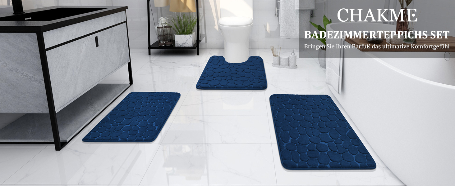 Набір килимків для ванної кімнати chakme з ефектом пам'яті (Memory Foam), протиковзкі абсорбуючі килими для підлоги, туалету та ванни, темно-сині, 3 шт.
