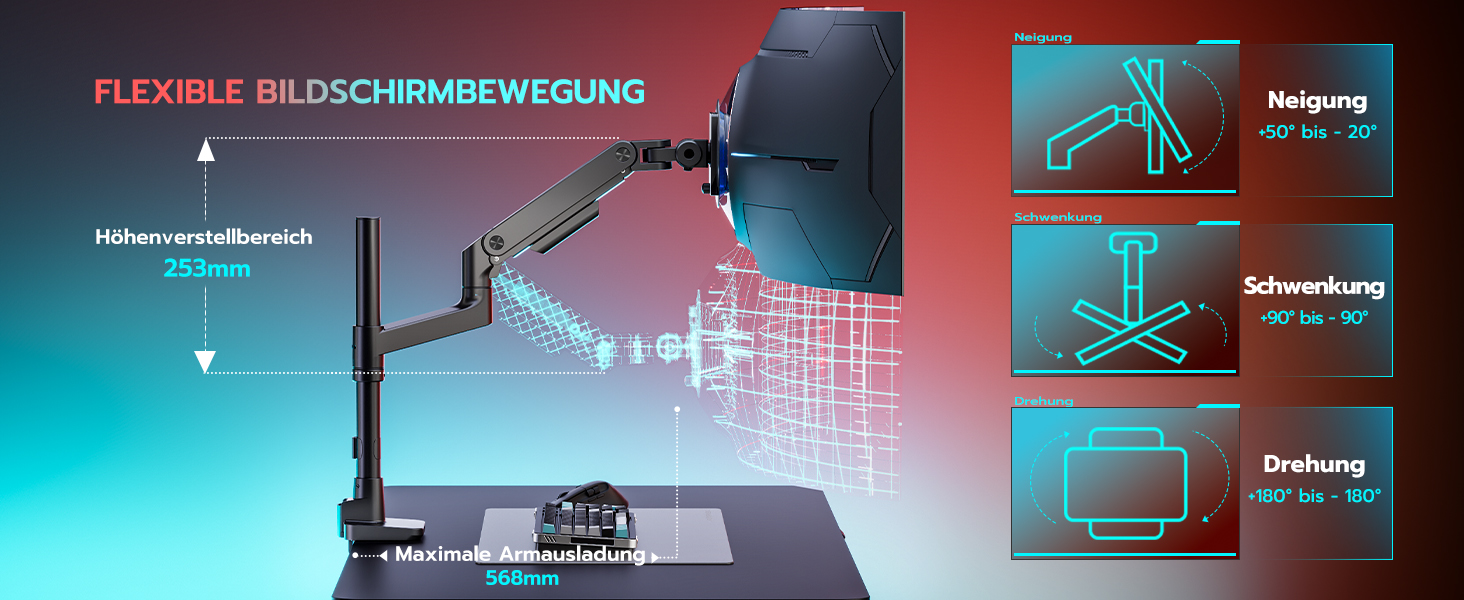 Кронштейн для монітора ARES WING з газліфтом для екранів 17-49 дюймів, навантаження до 20 кг, VESA 75/100, чорний