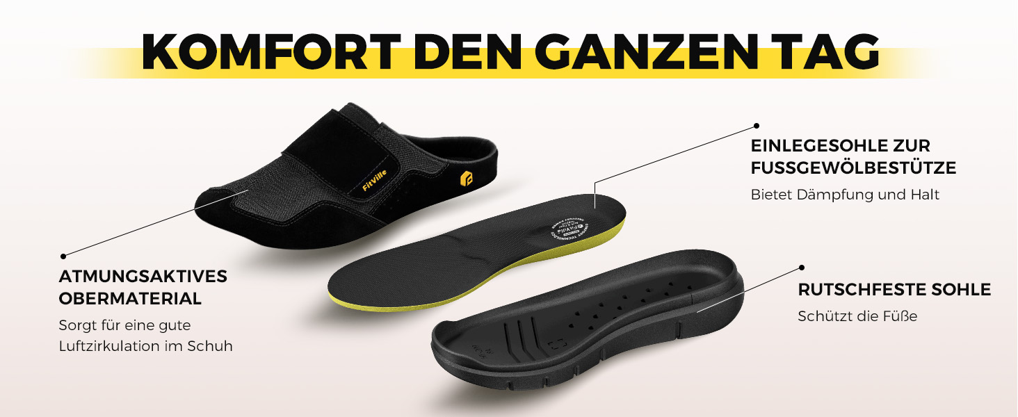 Домашні тапочки для чоловіків FitVille з широкою колодкою, з застібкою на липучці, з підтримкою склепіння стопи, розмір 41-50, бежевий, сірий