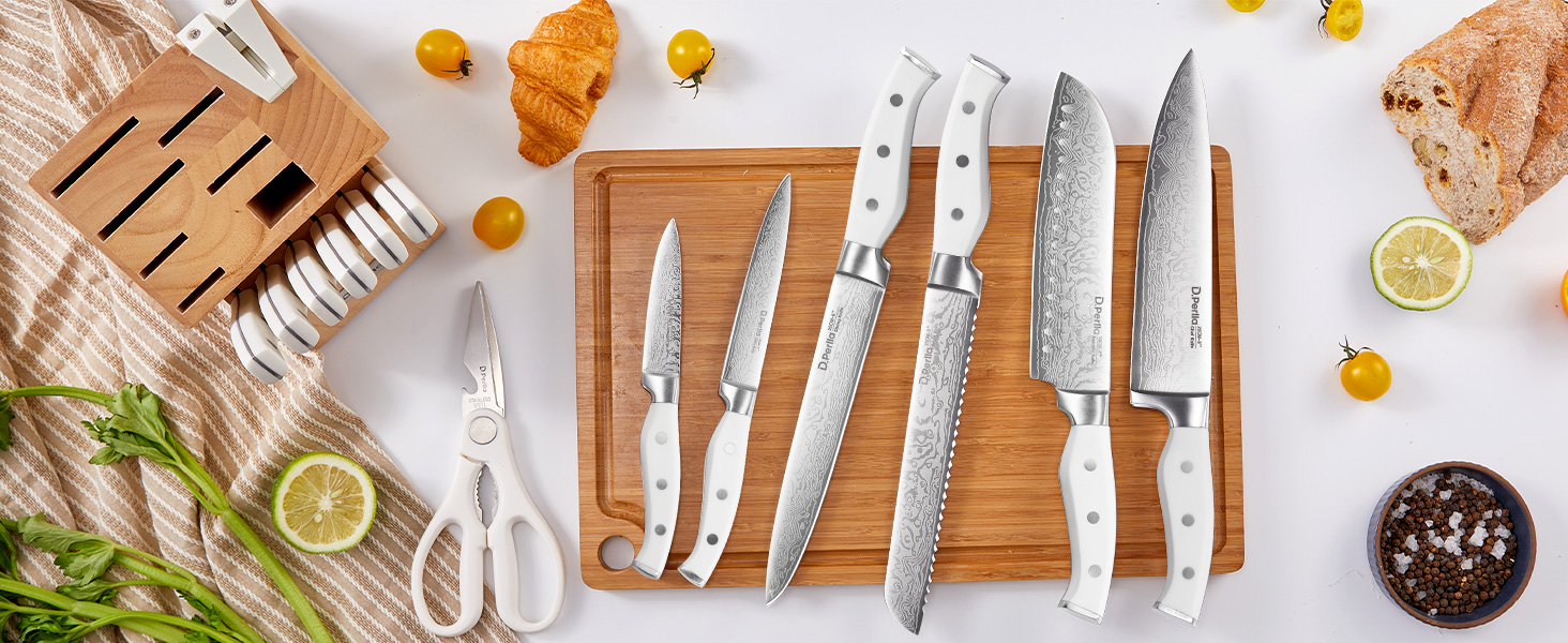 D.Perlla 14-Piece Self-Sharpening Knife Block Set - Professional Stainless Steel Kitchen Knife Set with Plastic Handle & Wood Block