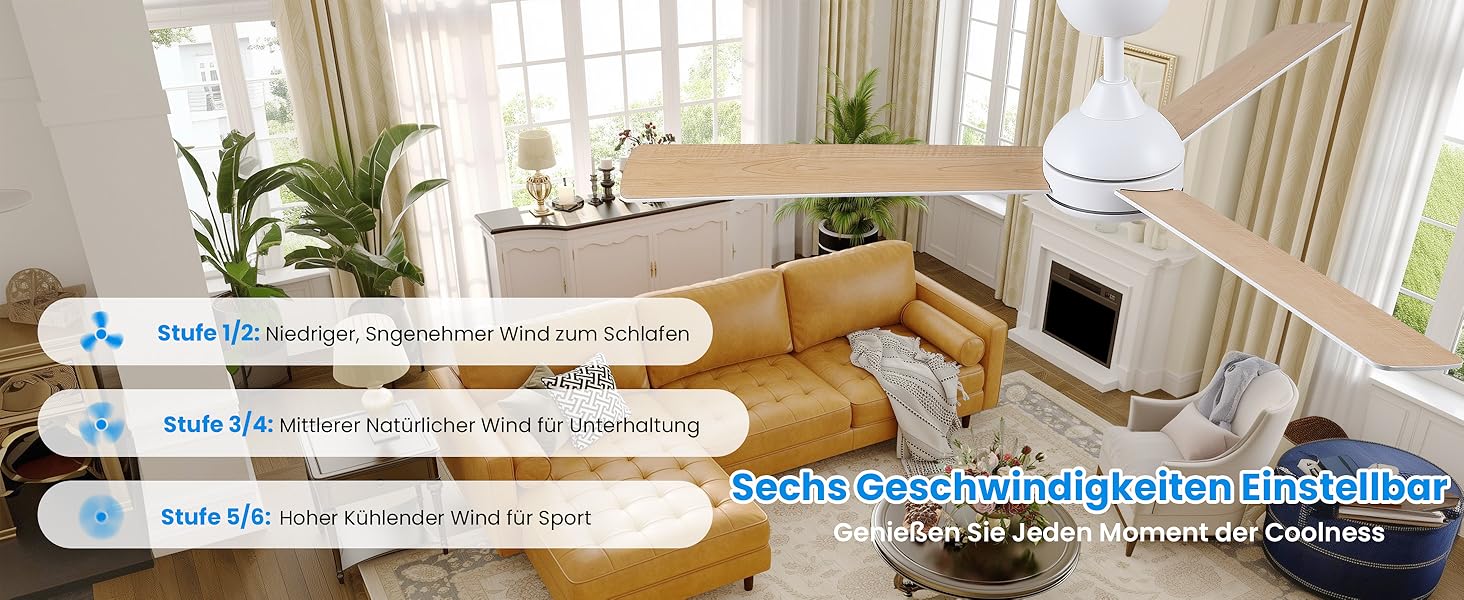 Стеляний вентилятор CJOY з підсвічуванням, 107 см, з пультом керування, тихий, DC, реверсивний, пам'ять 3CCT, диммування, 6 швидкостей, таймер для спальні (132 см, білий)