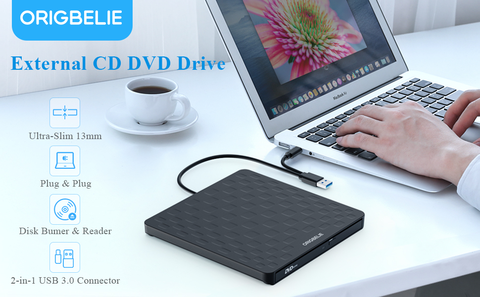 Зовнішній DVD-привід ORIGBELIE, CD-брунер з 4 USB та 2 TF/SD слотами, ультратонкий оптичний накопичувач для ноутбука, ПК, Mac OS, Windows, Linux
