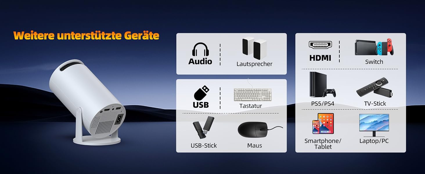 4K Міні проєктор Smart Beamers з WiFi 6, Bluetooth 5.0, поворотний 220°, Android 11.0 для дому та дітей. Підтримка HDMI, TV-Stick, USB, Laptop. Роздільна здатність 6-720p