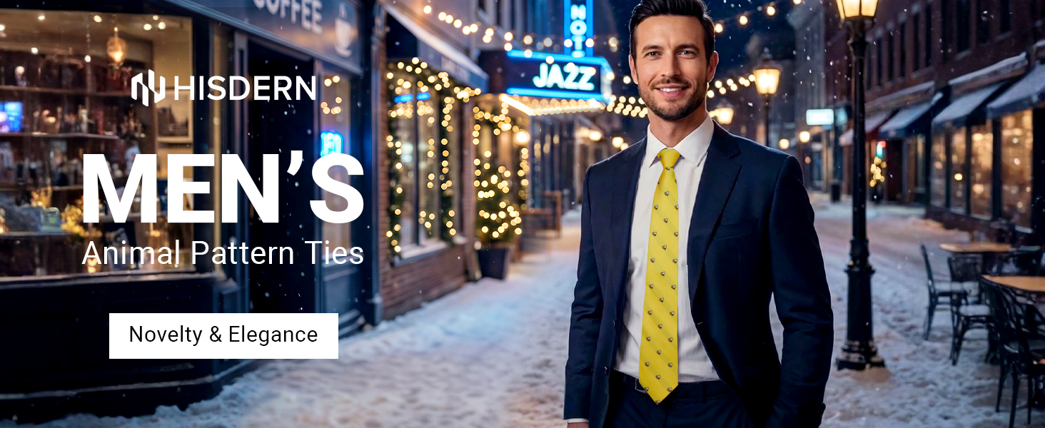 HISDERN Комплект краватки та кишенькового хустинки з принтом тварин, морське синє - лисиця, для весілля та бізнесу