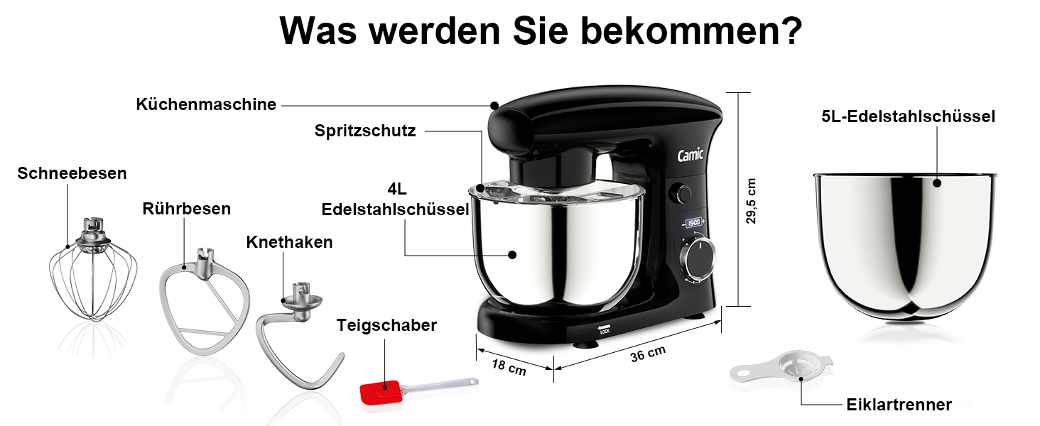 Кухонний комбайн-міксер Camic з LED-дисплеєм, 10 швидкостей, 3 насадки (вінчик, міксер, гак) та 2 чашами з нержавіючої сталі 4л і 5л для тіста, хліба та тортів, чорний